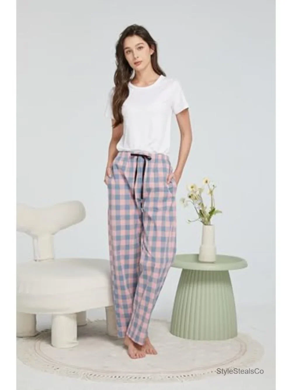 Lightweight Cotton Woven Plaid Pajama Pants With Pockets